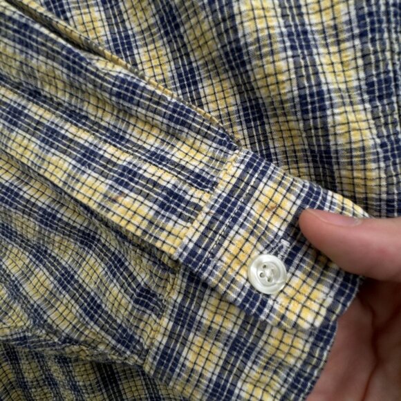 VTG LL Bean Textured Yellow Blue Plaid Long Sleeve Button Up Shirt Medium Cotton - Picture 11 of 15